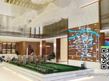 Calacatta Gold Nano glass bar top and pure white nano glass floor tile in Bozhou Qiaocheng Wanda Plaza project Selling Centre. Calacatta Gold Nano glass bar top and pure white nano glass floor tile