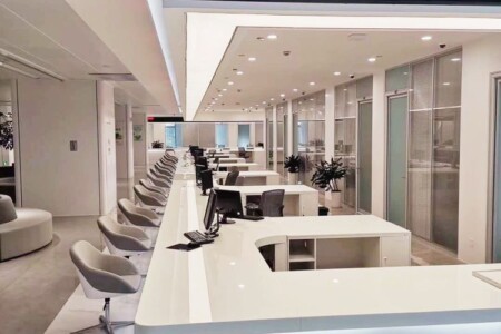 Pure white Nano glass kitchen top for office desk of Huzhou Citizen Service Center project Pure white Nano glass kitchen top for office desk of Huzhou Citizen Service Center project