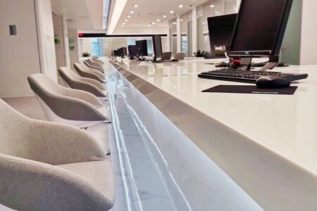 Pure white Nano glass kitchen top for office desk of Huzhou Citizen Service Center project Pure white Nano glass kitchen top for office desk of Huzhou Citizen Service Center project